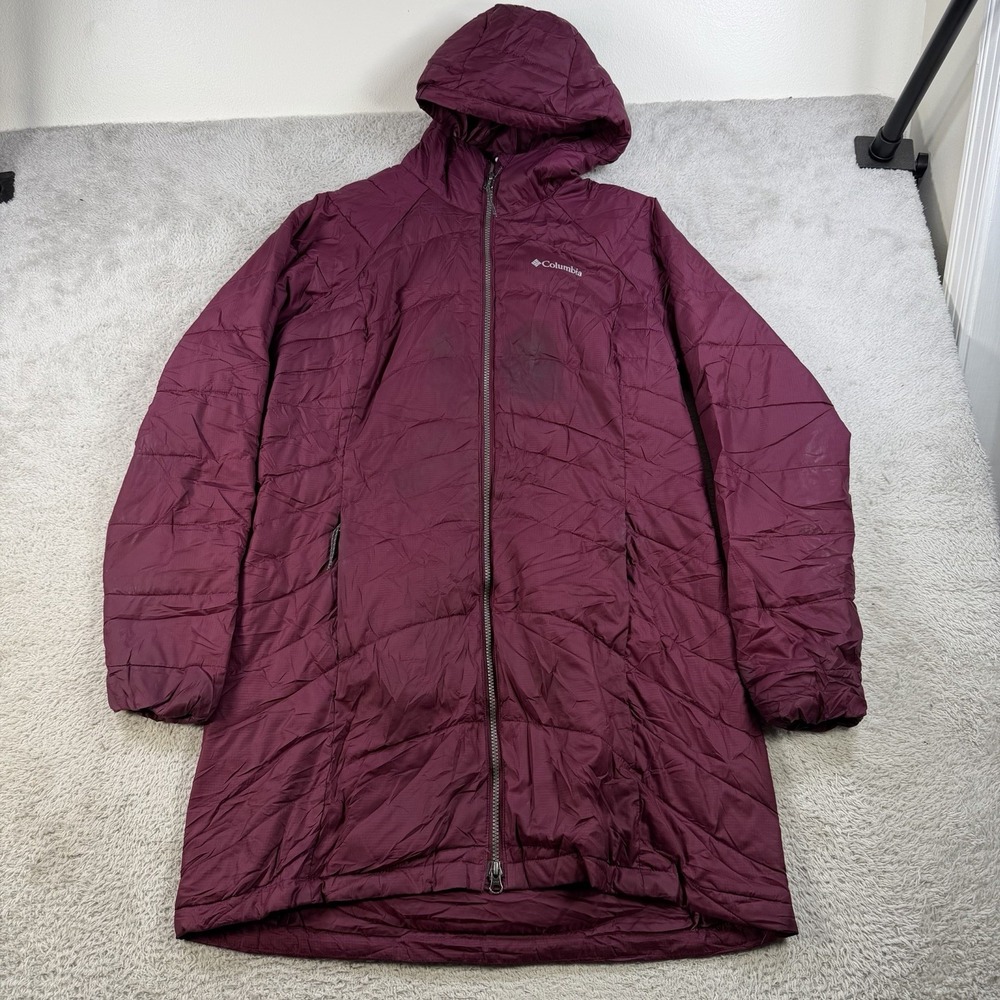 Columbia Parka Jacket Womens Large Burgundy Hooded Puffer Insulated Lined Long